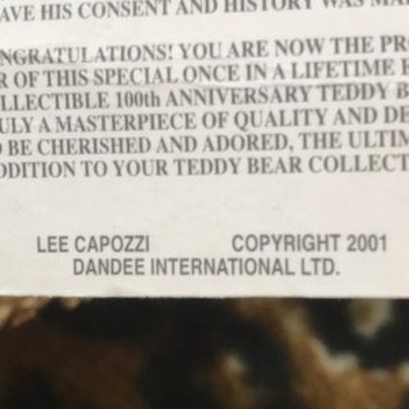 VTG & NWT📌 DANDEE  2001 Teddy Bear 100th Anniversary Limited Edition - Picture 8 of 9